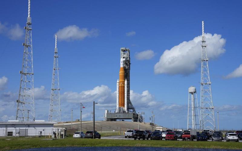 NASA’s new moon rocket sits on Launch Pad 39-B Friday in Cape Canaveral. (CHRIS O’MEARA/Associated Press)