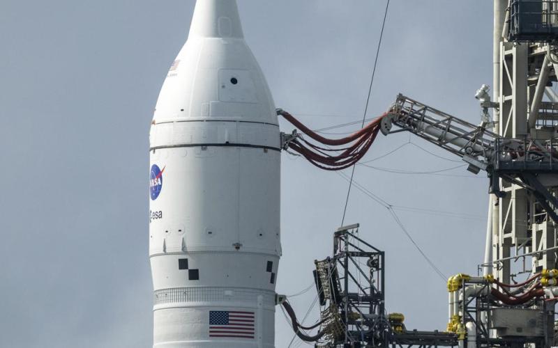 NASA’s moon rocket sits at Kennedy Space Center on Monday in Cape Canaveral. Hurricane Nicole’s high winds last week caused a 10-foot section of caulking to peel away near the capsule at the top of the rocket. (BILL INGALLS/NASA via AP)
