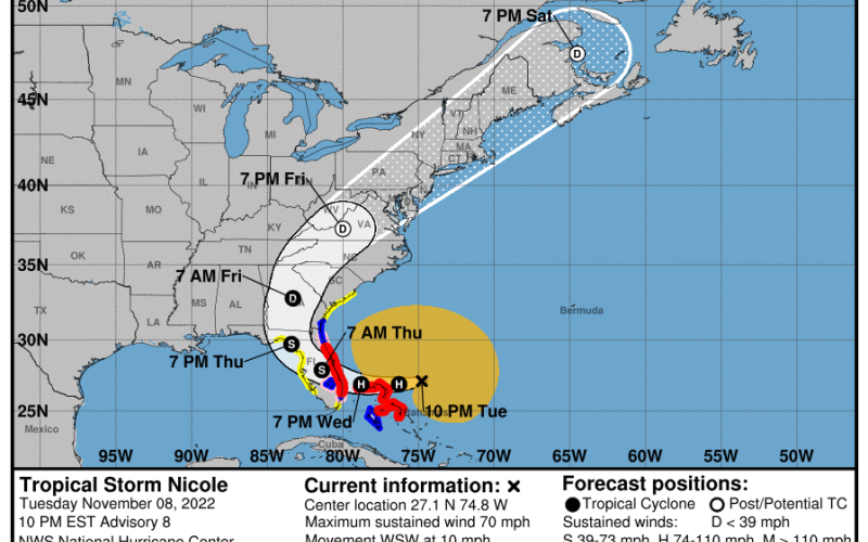 Tropical Storm Nicole is projected to make landfall Wednesday night before potentially crossing to the Gulf and turning north. (COURTESY/NOAA)