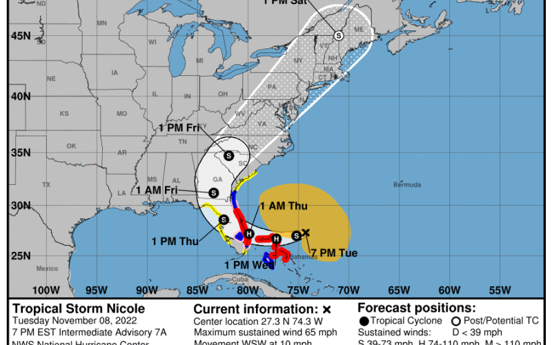 A National Oceanic and Atmospheric Administration map shows the projected path of Tropical Storm Nicole as of 7 p.m. Tuesday. (COURTESY/NOAA)