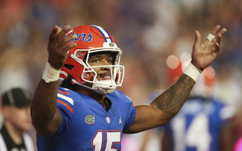 Florida quarterback Anthony Richardson celebrates after a touchdown against South Carolina on Saturday in Gainesville. (MATT STAMEY/Associated Press)
