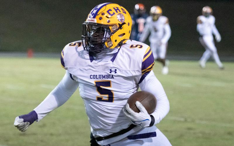 Columbia linebacker Jaden Robinson returns an interception for a touchdown against Escambia during the Region 1-3S semifinals on Friday. (Photos by GREG PACHKOWSKI/Pensacola New Journal)