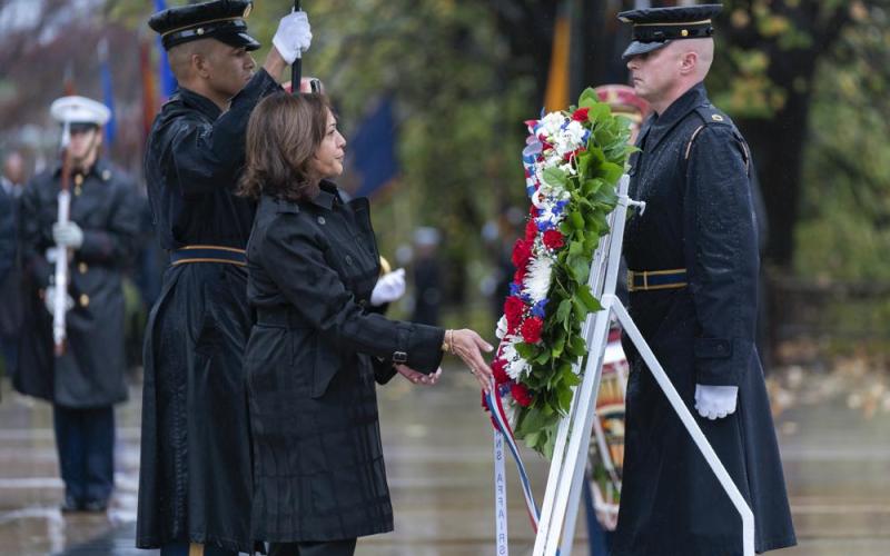 Vice President Kamala Harris lays a wreath at the Tomb of the Unknown Soldier during the National Veterans Day observance at Arlington National Cemetery, on Friday in Arlington, Va. (MANUEL BALCE CENETA/Associated Press)