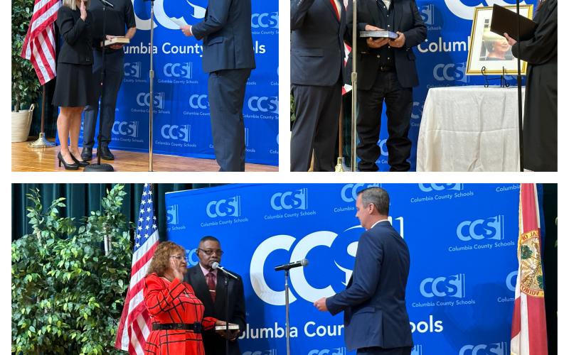 Columbia School Board members Cherie Hill (top left, clockwise), Hunter Peeler and Narrie Smith are sworn into term during Tuesday's school board meeting. (COURTESY PHOTOS)