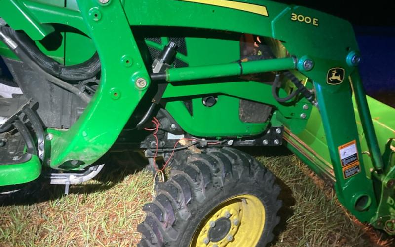 The John Deere tractor that was stolen, damaged and then abandoned in southeastern Suwannee County early Thursday morning. (COURTESY SUWANNEE COUNTY SHERIFF'S OFFICE)