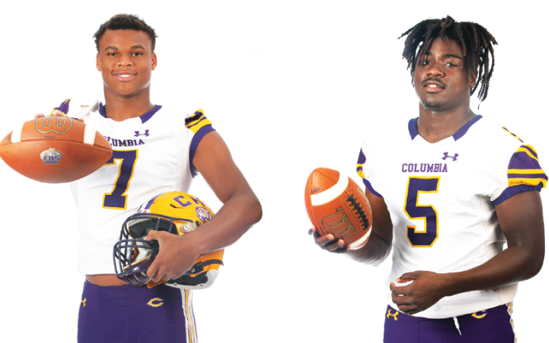 Columbia safety Amare Ferrell (7) and linebacker Jaden Robinson (5). JEN CHASTEEN/Special to the Reporter)