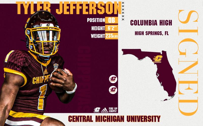A graphic from Central Michigan's football Twitter account posted Wednesday after Columbia quarterback Tyler Jefferson signed his letter of intent. (COURTESY)