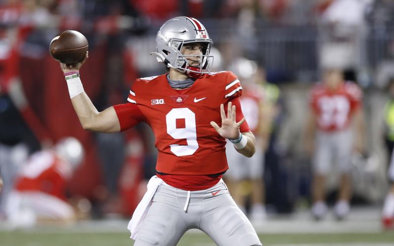 Then-Ohio State quarterback Jack Miller plays against Akron on Sept. 25, 2021, in Columbus, Ohio. (JAY LAPRETE/Associated Press