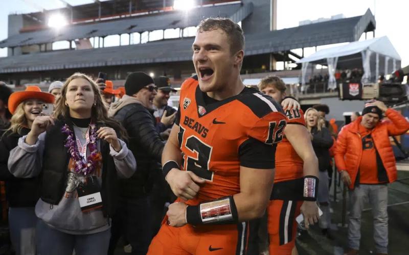 Oregon State linebacker Jack Colletto (12) celebrates after his team's win over Oregon on Nov 26 in Corvallis, Ore. (AMANDA LOMAN/Associated Press)