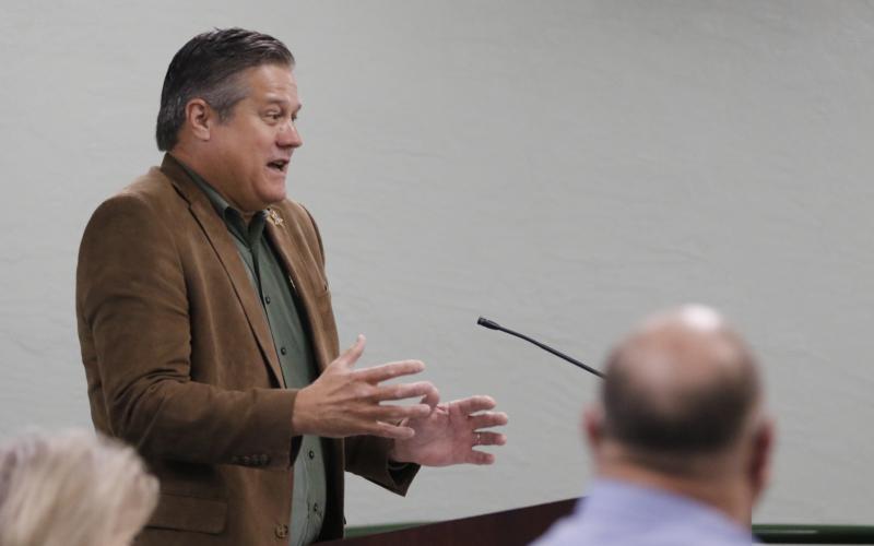 Columbia County Sheriff Mark Hunter speaks at the Legislation Delegation hearing Monday in support of county’s proposed crime scene evidence building. (JAMIE WACHTER/Lake City Reporter)