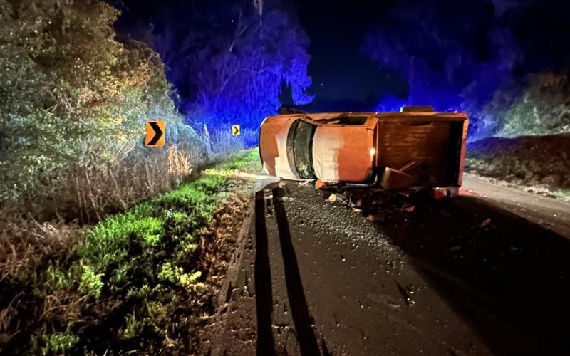Nobody was injured when a pickup overturned Saturday night on County Road 249 in Suwannee County. (COURTESY SUWANNEE COUNTY FIRE RESCUE)