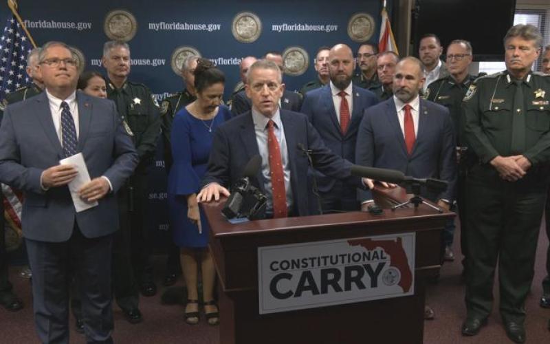 Speaker of the House Paul Renner (R-Palm Coast) announces legislation filed to allow ‘constitutional carry’ in Florida. Renner is joined on his right by Rep. Chuck Brannan, a Macclenny Republican who represents Columbia County, who filed the bill, other legislators and sheriffs from across the state. (NEWS SERVICE OF FLORIDA)