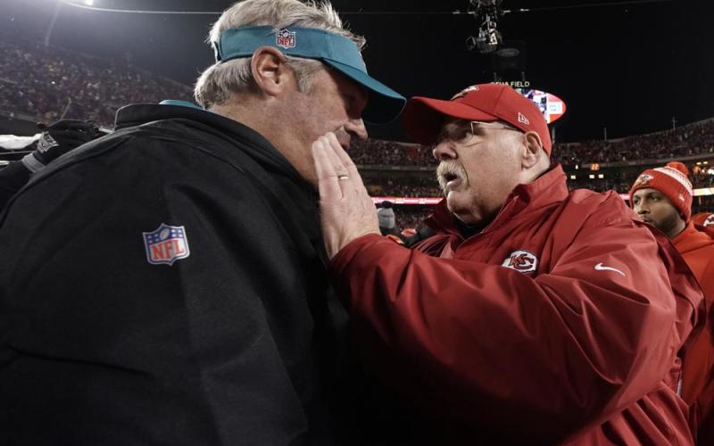 Kansas City Chiefs head coach Andy Reid speaks with Jacksonville Jaguars head coach Doug Pederson after their divisional playoff game on Saturday in Kansas City, Mo. The Kansas City Chiefs won 27-20. (ED ZURGA/Associated Press)