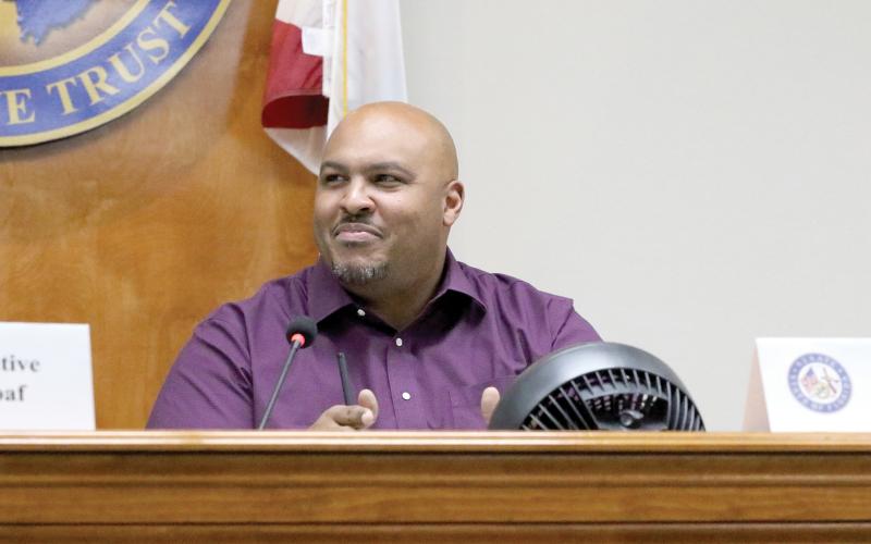 Sen. Corey Simon (R-Tallahassee) comments about the fan used by Suwannee County Commission Chairman Franklin White at the county’s legislative delegation hearing Friday. (JAMIE WACHTER/Lake City Reporter)