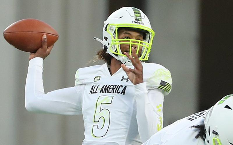 California high schooler Jaden Rashada passes during the Under Armour All-American game at Camping World Stadium on Jan. 3 in Orlando. (STEPHEN M. DOWELL/TNS)