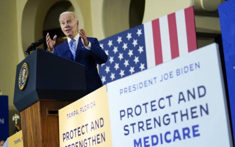 President Joe Biden speaks about his administration’s plans to protect Social Security and Medicare on Thursday at the University of Tampa. (PATRICK SEMANSKY/Associated Press)
