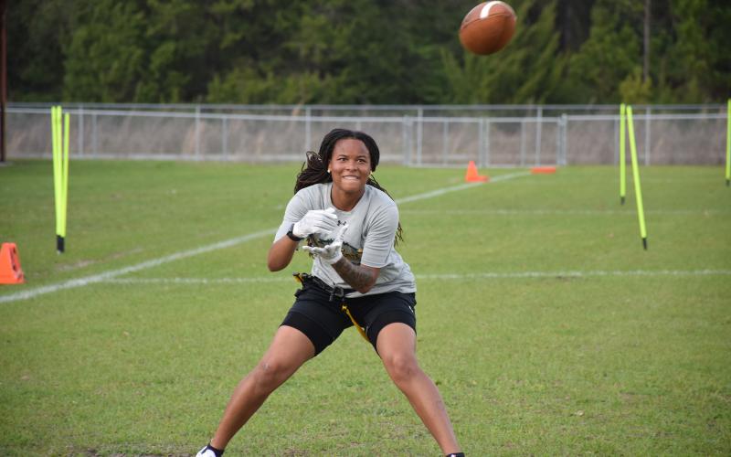 FGC receiver Destiny Lockett looks in a pass during Tuesday’s practice. (COURTESY OF FGC )