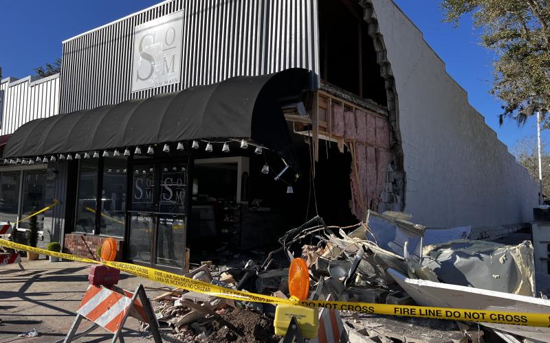 A drunk driver crashed into Sandwich on Main in Branford early Sunday morning, knocking out a portion of the store front. (JAMIE WACHTER/Lake City Reporter)
