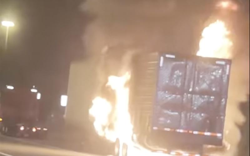 A semi trailer caught fire Thursday evening on the on-ramp to Interstate 75 at the U.S. Highway 90 interchange. Lake City Fire Department and Columbia County Fire Rescue crews extinguished the flames in minutes. (COURTESY)