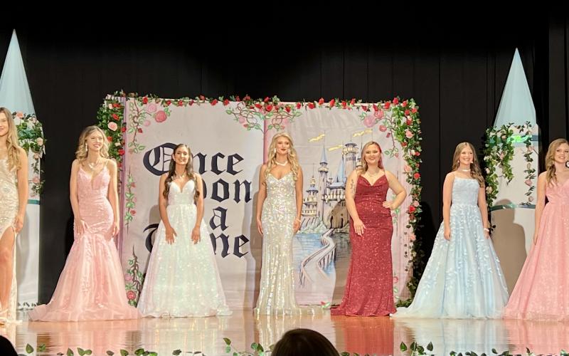 Baylee Caines, (from left) Savannah Hale, Kindall Johnson, Keeley Durrance, Cheyann Leshuk, Ellie Bay and Emmy Jenkins took part in the Miss North Florida Strawberry Pageant on Saturday. Caines, of Fort White, was crowned Miss Strawberry Princess. Bay, of Lake City, was crowned Miss Strawberry Shortcake. (COURTESY)