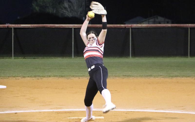 Fort White pitcher Kadence Compton delivers a pitch Friday night. Compton struck out 12 and allowed no hits to Madison County. (MORGAN MCMULLEN/Lake City Reporter)