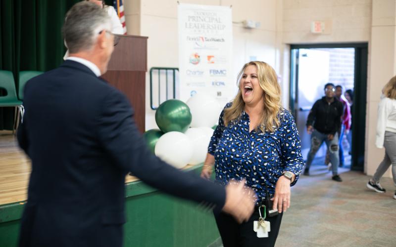 Richardson Sixth Grade Academy Principal Lisa Lee was all smiles Thursday as she was honored as a 2022-23 Principal Leadership Award winner by Florida TaxWatch. (COURTESY)