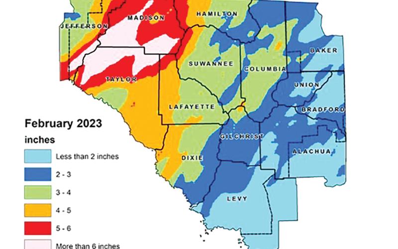 North Florida, on average, received less rain in February than the historical average. Northwestern Lafayette County, though, received more than six inches of rain. (COURTESY)