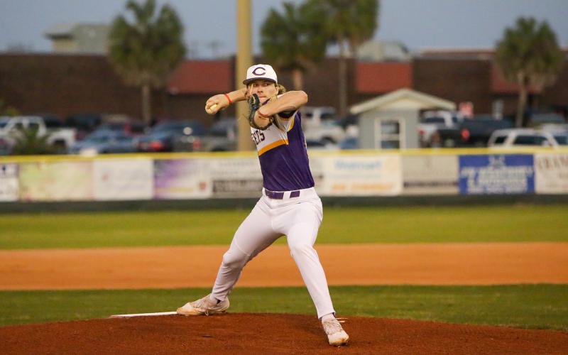 Columbia pitcher Josh Fernald pitches against Bartram Trail on Feb. 22. (BRENT KUYKENDALL/Lake City Reporter)