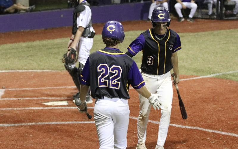 Columbia outfielder Carston Palmer (3) high-fives outfielder Branson Mann (22) after scoring a run against Gainesville on Friday night. (JORDAN KROEGER/Lake City Reporter)