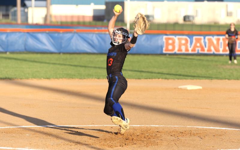 Branford pitcher Alex Whitfield winds up to pitch against Fort White on Thursday night. (MORGAN MCMULLEN/Lake City Reporter)