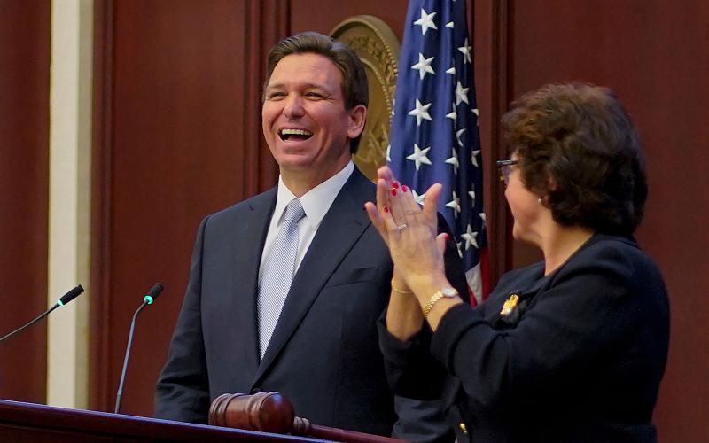 Florida Gov. Ron DeSantis delivers the ‘State of the State’ address at the Florida State Capitol in Tallahassee Tuesday. (CHENEY ORR/AFP via Getty Images/TNS)
