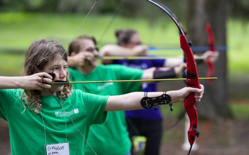 Youth learn archery at Camp Cherry Lake in Madison during a Florida 4-H Summer Camp. (UF/IFAS PHOTO BY TYLER JONES)
