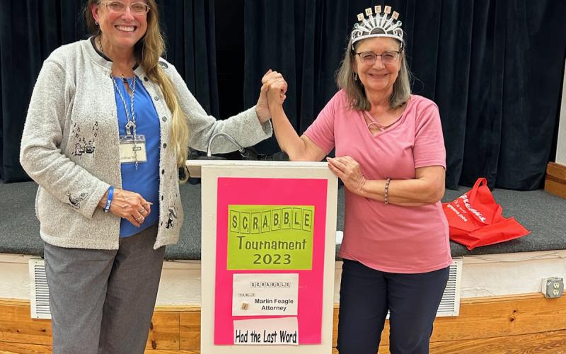 Sue Tuell (left) and Susan Kroh won the Lake City Garden Club’s seventh annual Scrabble Tournament on Tuesday night. (COURTESY)