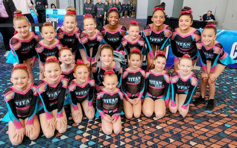The Electra cheer team from Lake City’s Titan Elite gym is competing next week at The Youth Summit in Tampa. Front row: Lola Norris. Middle row: Kinsleigh Strickland, Harper De Moya, Rylie Khachigan, Brystol Pickles, Brooke Herbert, Maddie Bullock, Halle Green, and Lakelyn Neeley. Back row: Abby Durham, Kenzie Crews, Eva Decker, Callie Cothran, Caché Sheppard, Kynlee Stacy, Zuri Paulk, Nella Davis-Lopez and Isabelle Bellamy. (COURTESY)