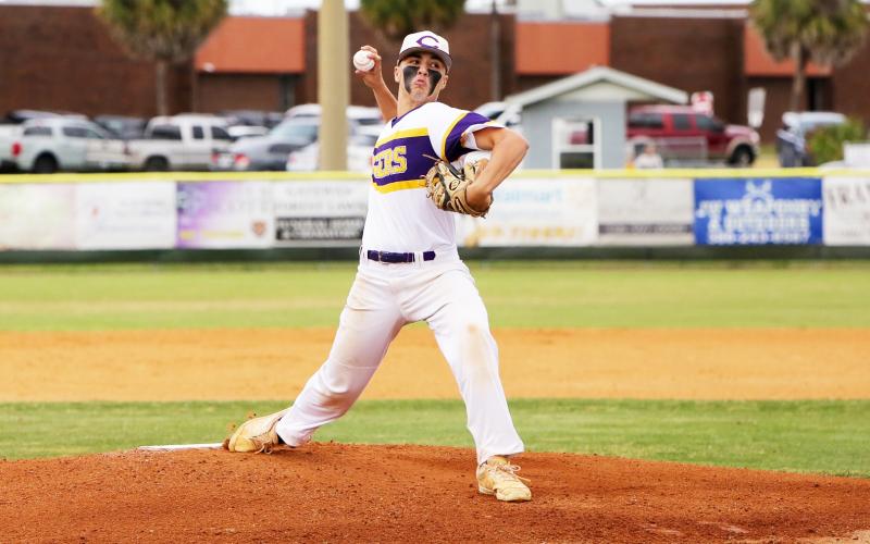 Columbia pitcher Grant Bowers pitches against North Florida Christian on Tuesday night. (BRENT KUYKENDALL/Lake City Reporter)
