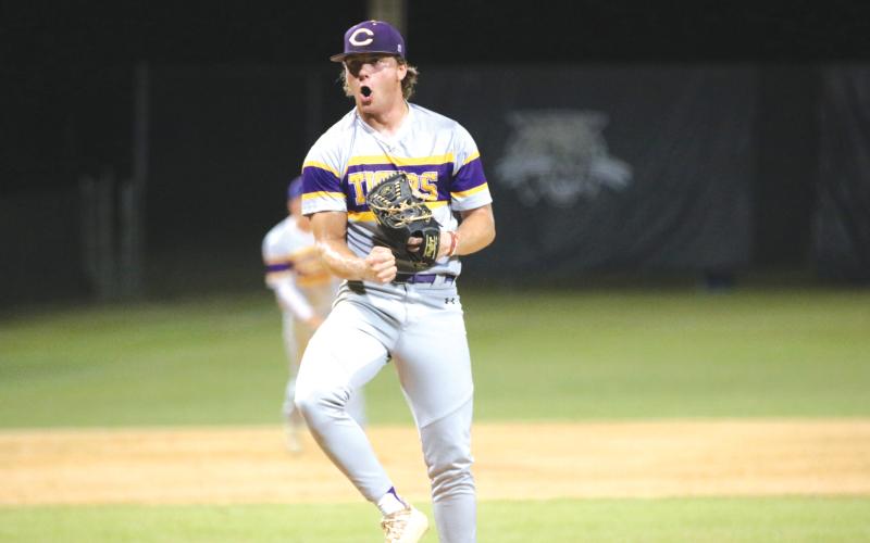 Columbia pitcher Josh Fernald celebrates after finishing off a no-hitter against Buchholz on Friday night. (JORDAN KROEGER/Lake City Reporter)