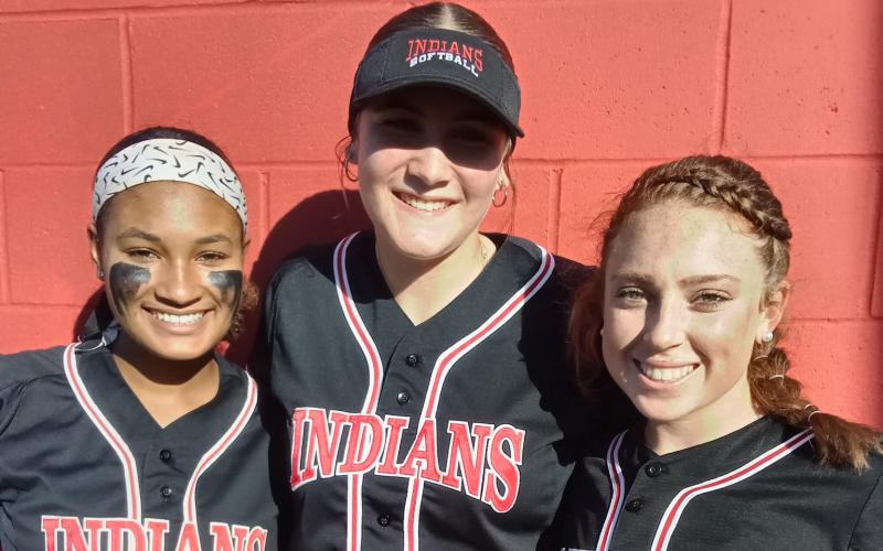 Fort White seniors Ciara Byrd (from left), Harlee Mills and Madison Brown were honored for Senior Night during Friday’s game against Eastside. (CONCEPCION LEDEZMA/Special to the Reporter)