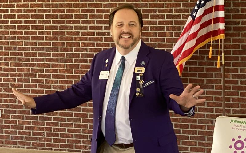 Rotary District Governor Dan Sulger of Navarre speaks to the Rotary Club of Lake City on Thursday at Darby Pavilion prior to a special event dedication. (TODD WILSON/Lake City Reporter)