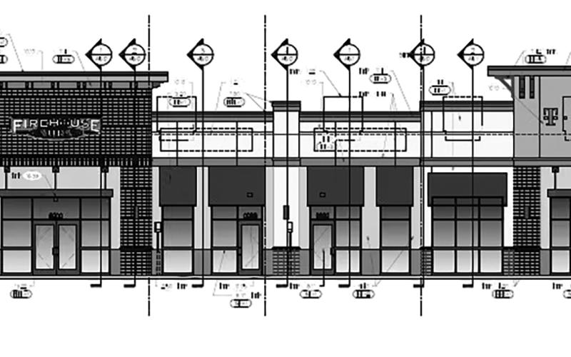 A rendering of the storefront of the multi-tenant building at Suwannee Crossings, a retail development at the Interstate 10 and U.S. Highway 129 interchange in Live Oak. (COURTESY)