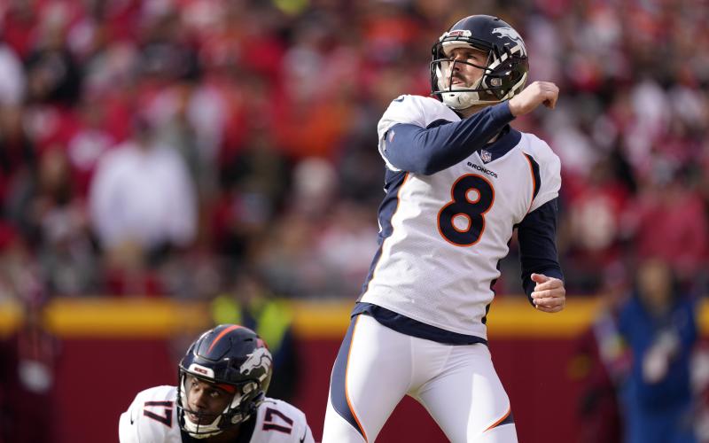 Former Denver Broncos kicker Brandon McManus watches his 49-yard field goal against the Kansas City Chiefs on Jan. 1 in Kansas City, Mo. (CHARLIE RIEDEL/AP File)