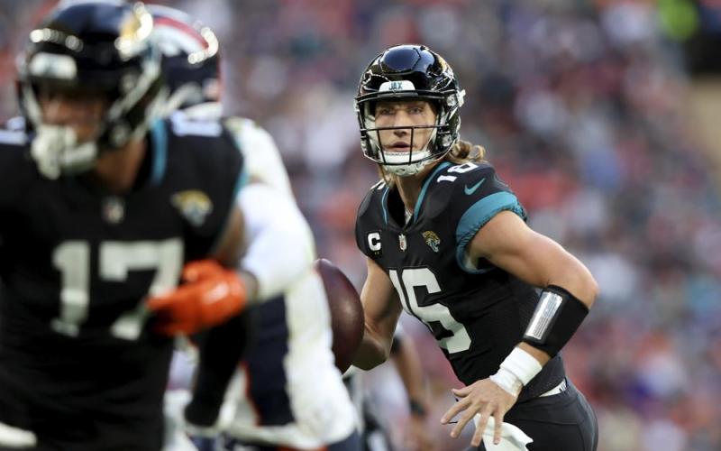 Jacksonville Jaguars quarterback Trevor Lawrence looks to pass against Denver Broncos at Wembley Stadium Oct. 30, 2022, in London. (IAN WALTON/Associated Press)