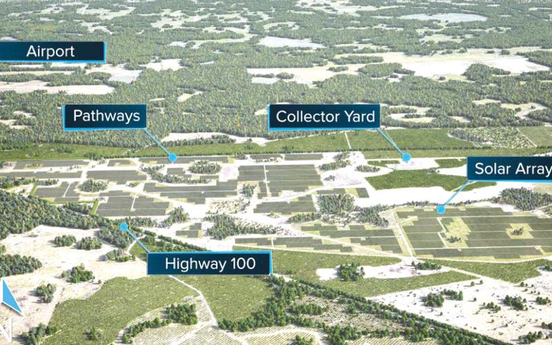 An overhead map shows Florida Power &amp; Light’s Price Creek Solar Energy Center off State Road 100. (COURTESY)