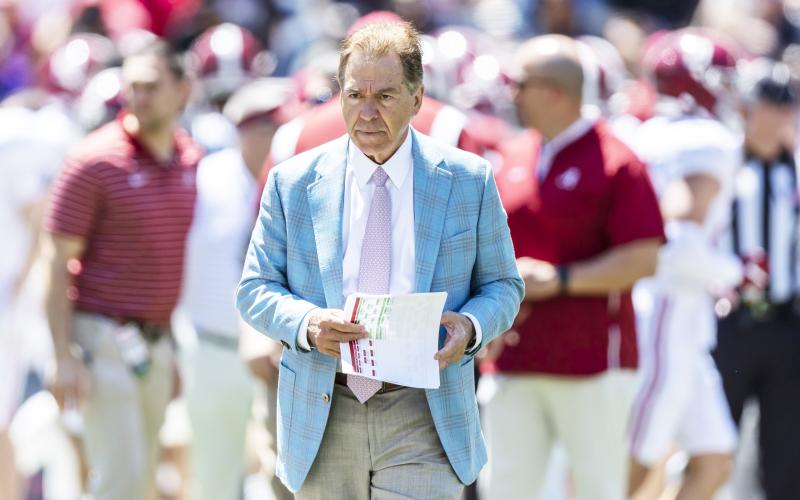 Alabama head coach Nick Saban paces as his team warms up before Alabama's A-Day on April 22 in Tuscaloosa, Ala. (VASHA HUNT/AP File)