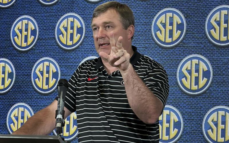 Georgia football coach Kirby Smart speaks during the SEC's spring meetings on Tuesday in Destin. (RALPH D. RUSSO/Associated Press)