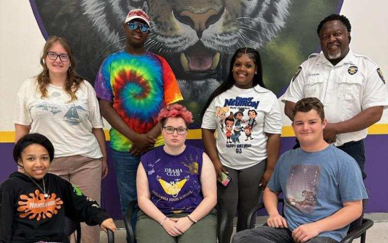 Performing Friday in the finals of Columbia’s Top Talent are Jaleiah Burch (sitting from left), Ashlyn Esposito and AJ Busscher; back row, Caroline Sawyer, Nathaniel Johnson, Shamaria Bowles and event sponsor and founder Ronnie Collins. Not pictured are Kenzoria Pryor and Van Morrison. (COURTESY)