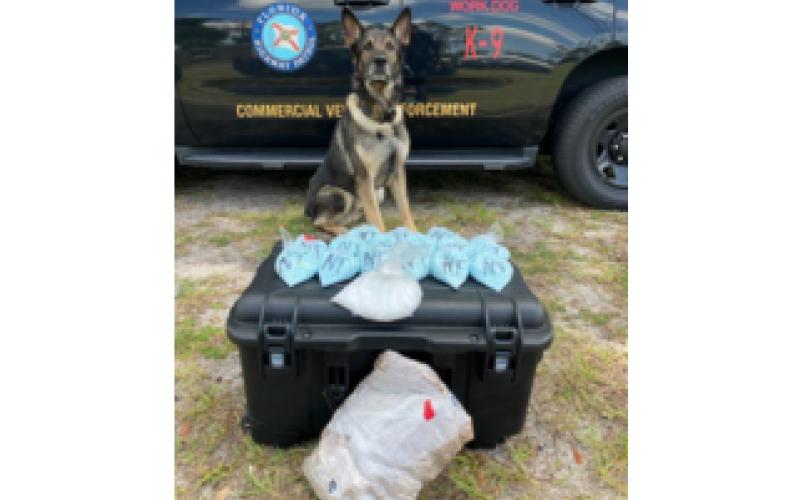 A Florida Highway Patrol K-9 officer in front of drugs confiscated during a multi-jurisdictional strike force operation in Columbia County last week. (COURTESY)