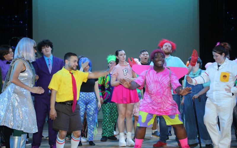 Cameron Gonzales, portraying Sponge Bob Squarepants, and D’Khari Jernigan, portraying Patrick Star, rehearse a scene for the upcoming Sponge Bob Musical production that will take place at Florida Gateway College this week. (TONY BRITT/Lake City Reporter)