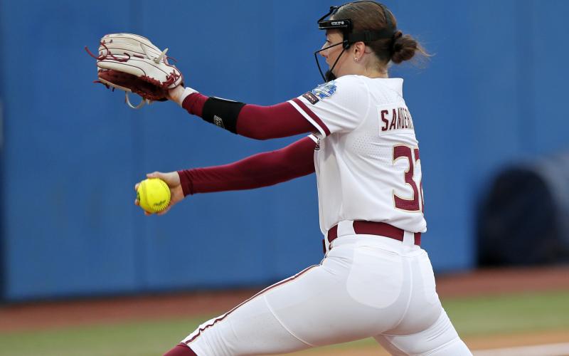 Florida State's Kathryn Sandercock pitches against Oklahoma State during the Women's College World Series on Thursday in Oklahoma City. (NATE BILLINGS/Associated Press)