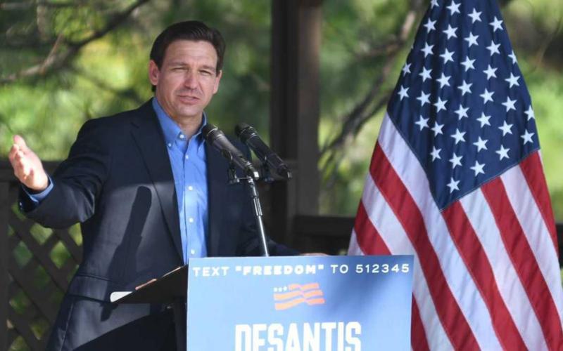 Florida Gov. Ron DeSantis speaks outside Okatie Ale House in Bluffton, South Carolina, on Friday. (DREW MARTIN/The State/TNS)