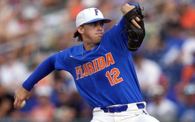 Florida pitcher Hurston Waldrep throws against South Carolina in the first inning during Game 2 of the Gainesville Super Regional on Saturday in Gainesville. (JOHN RAOUX/Associated Press)